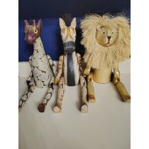 Vintage Wooden Folk Art Jointed Lion Giraffe Zebra Shelf Sitter Hand Carved
